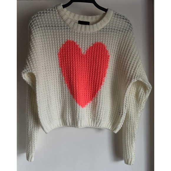 Active By Old Navy Sweaters - Active Women Sweater Size L White Neon Pink Heart Crew Neck Pullover Top